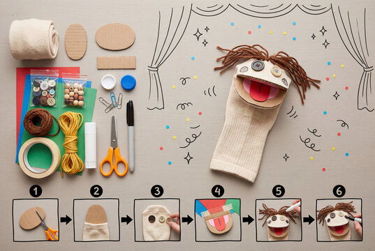 Sock Puppet Kids Craft Tutorial Flat Lay, Handmade DIY Step-by-Step Infographic With Numbered Panels, Arrow Workflow, And Tactile Materials.
