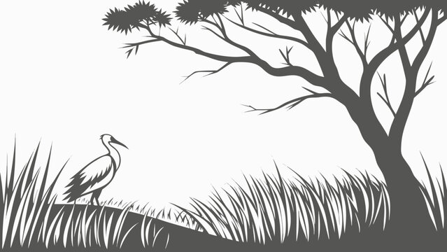 Heron standing in tall grass under a tree silhouette.