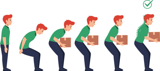 Proper lifting technique vector illustration showing safe box lifting posture step by step guide