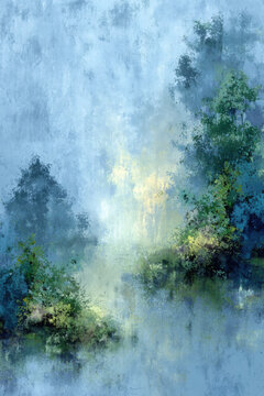 A soft, impressionistic watercolor painting of a dreamy landscape featuring trees shrouded in fog, delicate light effects, and a textured, ethereal atmosphere.