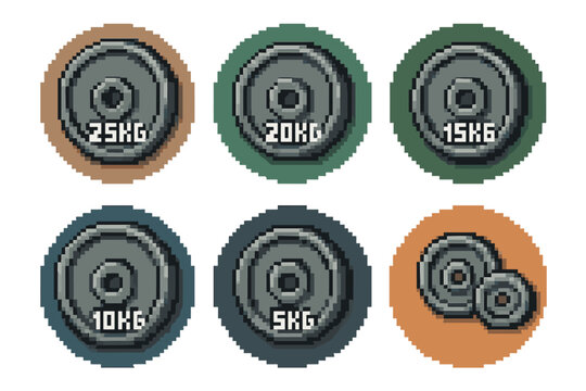 Pixel Art Olympic Weight Plates Icons Set Bumper Plates 25kg 20kg 15kg 10kg 5kg Change Plates KG
