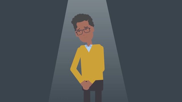 Young man standing under spotlight animation, personal confidence and self presentation concept, stage focus scene, 2D cartoon