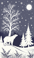 Polar bear in a snowy winter forest with trees and falling snow under the sun.