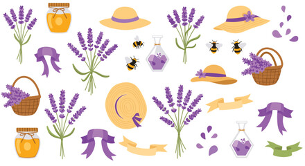 Obraz premium Charming Lavender Harvest Collection with Bees Hats Jars and Ribbons for Rustic Countryside Charm