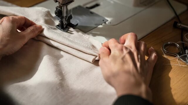Tailor sewing a doublefold curtain hem capturing smooth fabric manipulation and secure edge stitching in natural light.