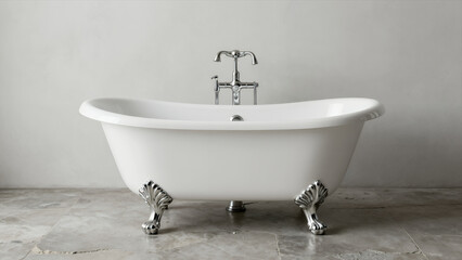 Elegant Vintage Freestanding Bathtub with Ornate Claw Feet and Chrome Faucet Set Against Minimalist Gray Tiled Floor in Modern Bathroom Interior