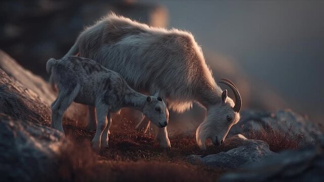 Mountain Goat Family Grazing in Golden Hour Light.
