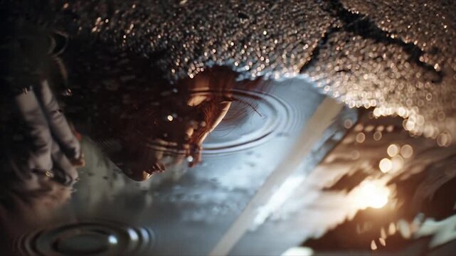 Raindrops create ripples in a puddle reflecting the sky and surrounding environment.