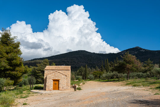 Agia Eleousa church at Cholargos with mountain Hymettus at the background