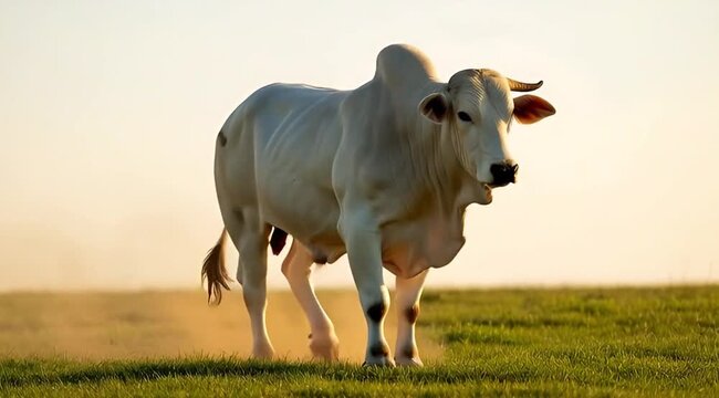 Majestic white bull with prominent hump walks across a grassy field at sunset. Nelore cattle, cattle from Brazil