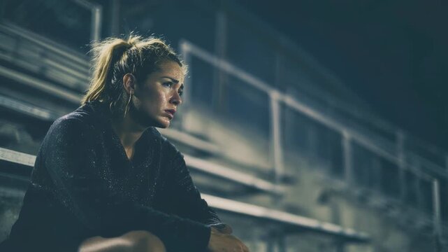 Tired female athlete resting on stadium bleachers at night. This exhaustion and mental pressure scene shows a sweating woman recovering after a tough workout for a sports motivation concept.