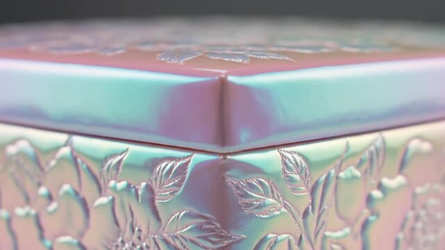 Iridescent container with embossed floral pattern on white surface