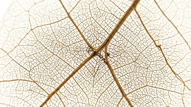 Macro photography of a leaf skeleton with an intricate vascular network on a white background, translucent fibrous texture for connectivity, biological system, and nature design concepts