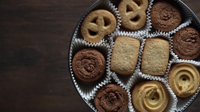 Crispy crumbly shortbread cookies in a round metal box on wooden table, top view, close up, rotates
