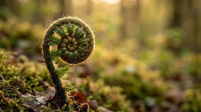 Profile macro of a green fern fiddlehead unrolling with brown fuzz and spiral geometry, nature background for growth, renewal, and sustainability concepts with copy space.