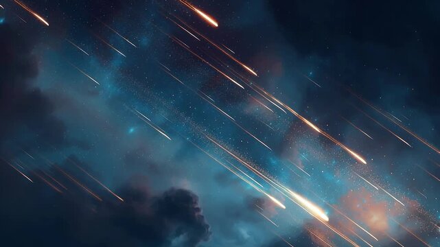 Meteor shower streaking across a deep blue night sky with glowing fireballs and dramatic cosmic atmosphere