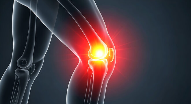Human knee joint pain inflammation and anatomy of leg with red glow highlight