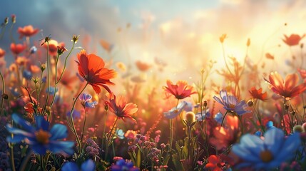 Obraz premium Scenic Nature View of Vibrant Summer Flowers in Radiant Warm Light