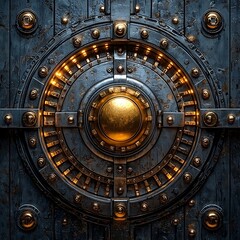 Obraz premium Mysterious Steel Vault: An ornate, industrial-style vault door, showcasing a fusion of cold steel and warm golden accents. It's a striking design that hints at secrets within.