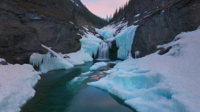 Frozen waterfall cascading into icy river surrounded by snow-covered rocky cliffs at dusk