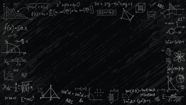 Classic black chalkboard texture with hand drawn mathematical equations for back to school marketing materials