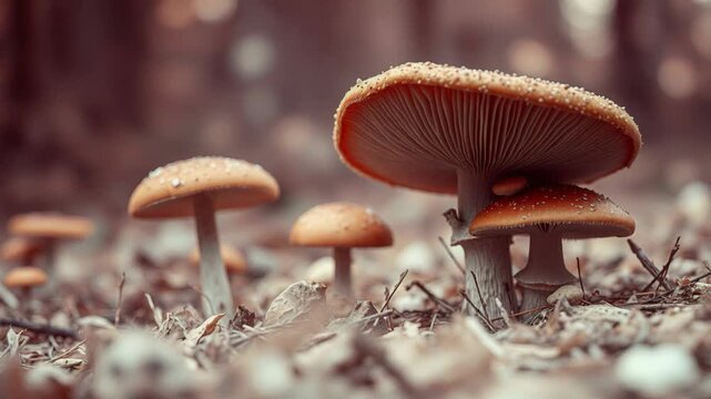 Vibrant mushrooms growing on forest floor surrounded by fallen leaves and soft light filtering through trees. Colorful mushrooms thrive in natural habitat creating enchanting woodland scene.