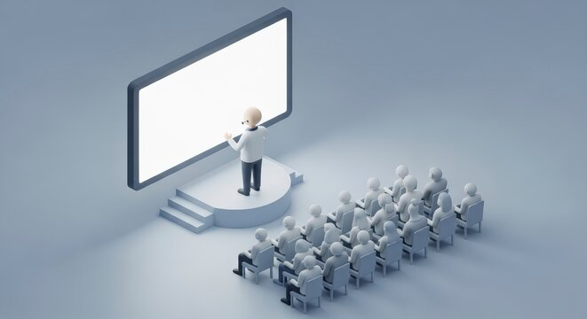 Businessman presenting to crowd on screen display.