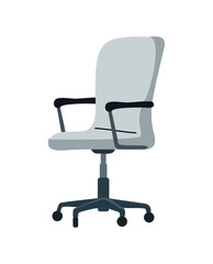 Flat vector illustration of a side view office chair with high backrest, armrests, and caster wheels, depicted in light grey and dark grey. Isolated on transparent background.