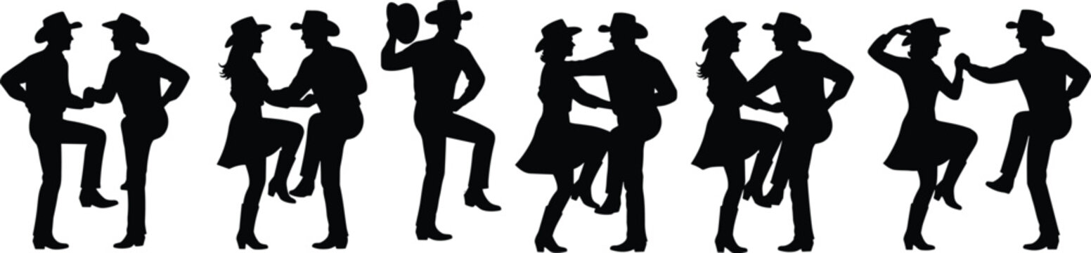 Black silhouettes of country western line dancers and cowboy couples square dancing in boots and hats isolated on white background for festive design