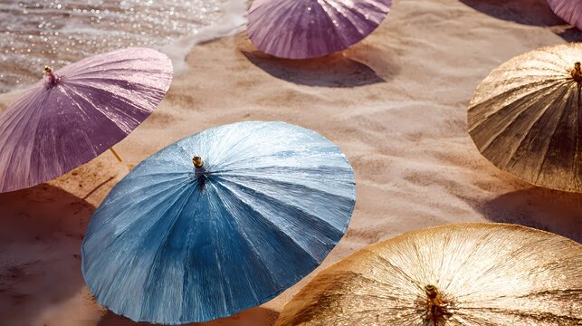 Colorful Beach Umbrellas on a Sandy Shore Under Bright Sunlight