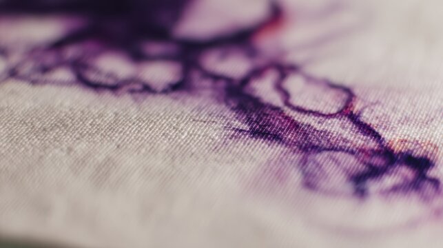Purple ink line soaking into napkin, visible paper texture, blur effect on edges, macro photography
