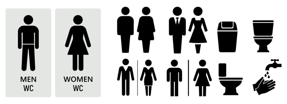 Restroom door pictograms. Woman and man public toilet vector signs, female and male hygiene washrooms symbols, black ladies and gentlemen wc restroom ui
