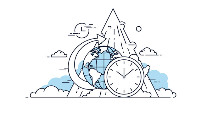Blue and white conceptual line art showing a world globe, a clock face, and a mountain peak with an orbital arrow.
