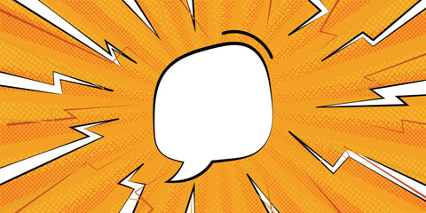 Bright orange pop art background with comic style speech bubble and lightning bolts for advertising © Amir