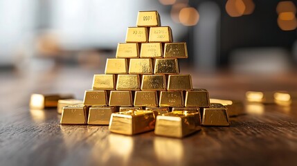Golden Pyramid: A meticulously arranged pyramid of gleaming gold bars stands as a symbol of wealth, financial stability, and prosperity. It is a visual testament to the allure of wealth.