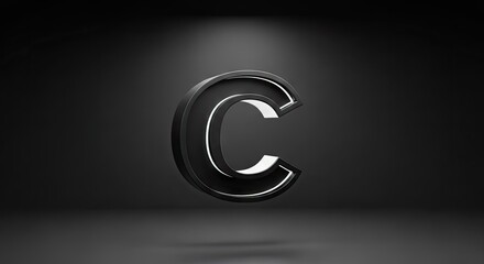 Fototapeta premium Elegant black metallic letter c isolated on dark background with lighting