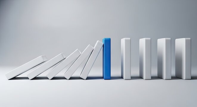 Domino effect concept with blue and white blocks on white background