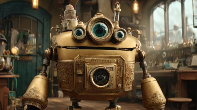 Intricate Golden Brass Steampunk Automaton with Triple Lens Eyes and Camera Chest