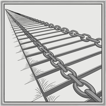 Chains and railroad tracks extending into the distance symbolizing connection and journey.