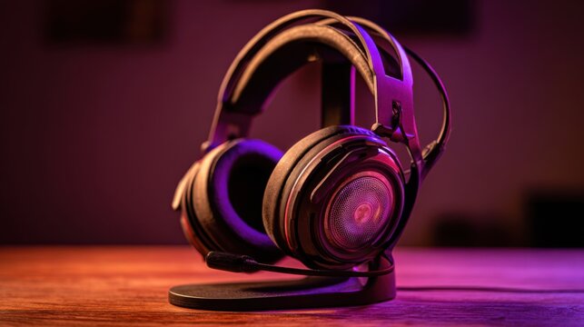 Sleek black gaming headset with plush earcups rests on a stand, illuminated by purple and orange lighting, showcasing advanced audio technology for immersive gameplay.