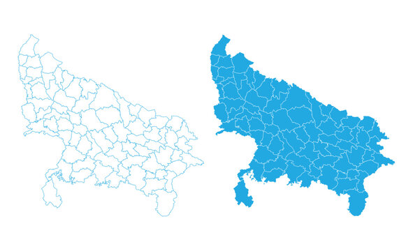 Detailed blue Uttar Pradesh map set including district boundaries and solid blue silhouette for informational use