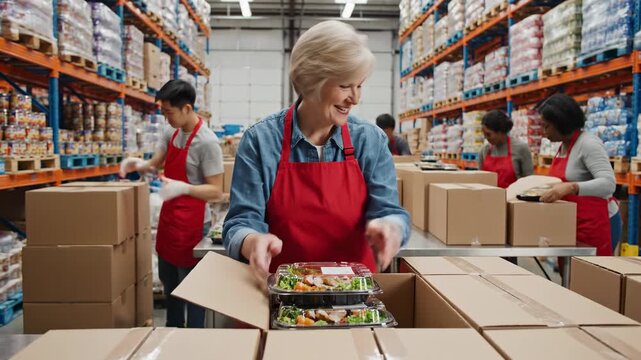 Warehouse Workers Packing Food Boxes for Delivery Services.