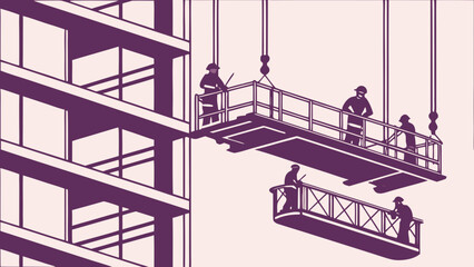 Obraz premium Construction workers on suspended platforms performing building maintenance.