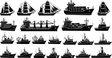 Collection of cargo ships sailing vessels and fishing boats silhouettes, maritime transport fleet black vector illustration isolated on white background © Parmij