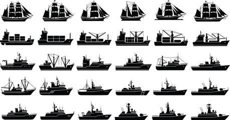 Sailing ships cargo vessels and fishing boats silhouettes set, maritime transport fleet black vector illustration isolated on white background © Parmij