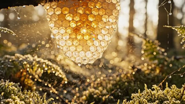 Golden honeycomb hangs in frost kissed forest bed with warm sunlight