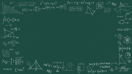 Green chalkboard background with mathematical formulas framing empty center space for school and educational presentations © Amir