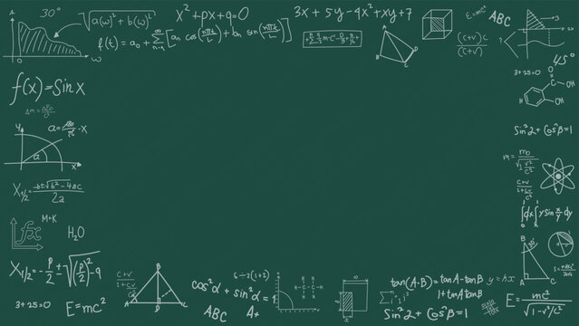 Green chalkboard background with mathematical formulas framing empty center space for school and educational presentations