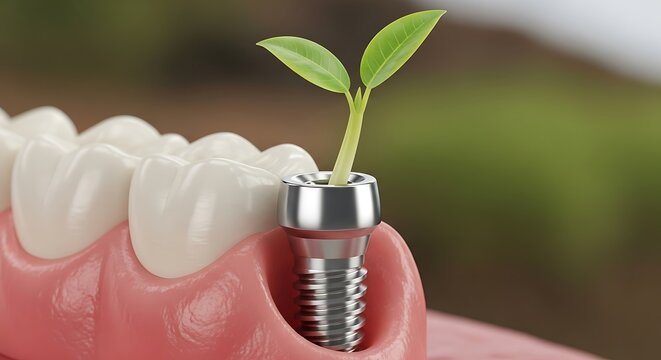 Dental implant fixture demonstrates biological integration with a vibrant green sprout growing from its abutment