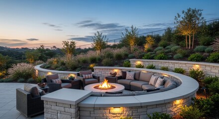 Outdoor patio with fire pit at dusk seating landscaping and ambient lighting
